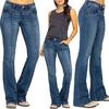 Women Jeans Mid Waist Pockets Zipper Button Closure Retro Washed Flared Hem Slim Fit Colorfast Full Length Lady Long Trousers
