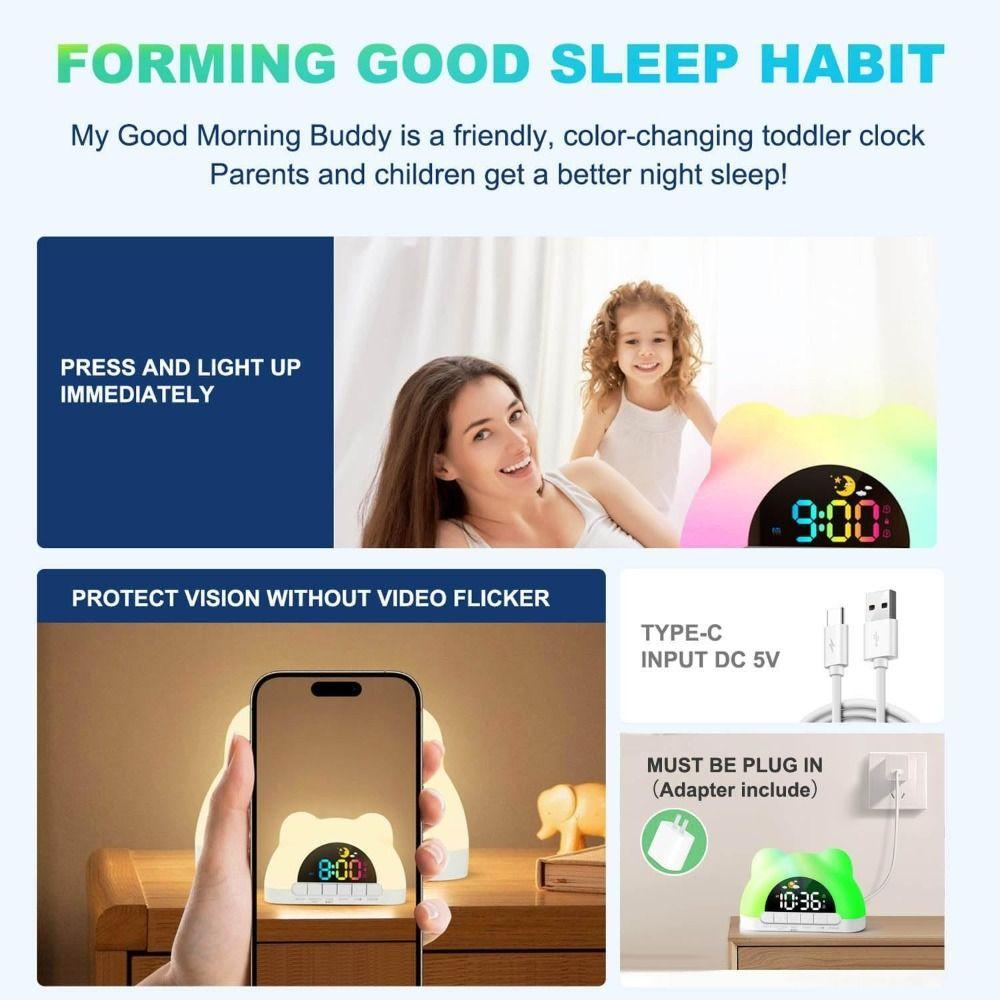 Digital Display Kids Alarm Clock 11 Color Night Light 10 Ringtones Sleep Training Clock Child Lock Wake Up Clock Bedroom