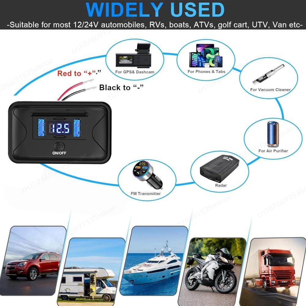 Upgraded 4-Ports 12V RV USB Outlet Dual PD3.0 & QC3.0 Car Charger Wall Mount Panel Socket Adapter with LED Voltmeter & Switch