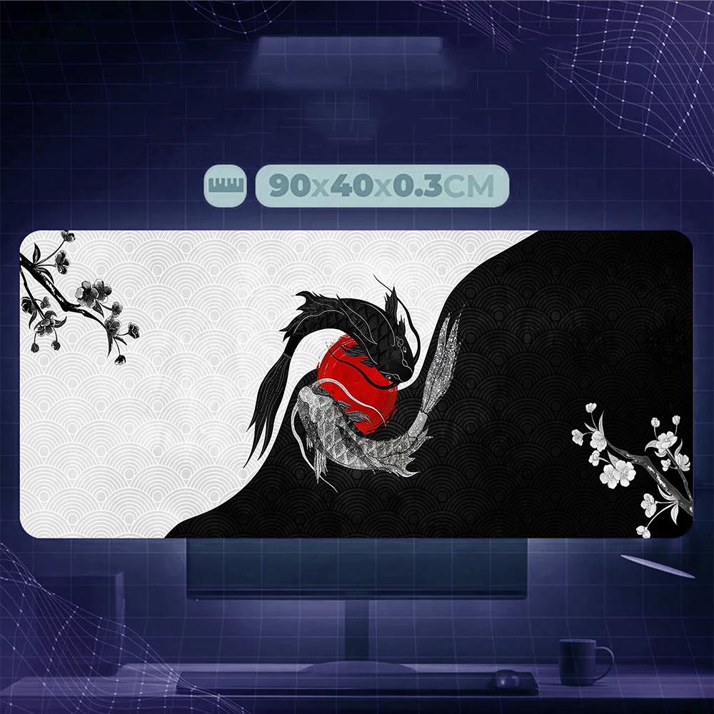 Yin Yang Koi Fish Mouse Pad Large Extended Gaming Desk Mat with Japanese Art Design