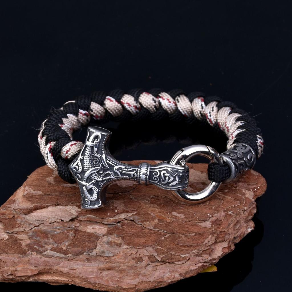 Мужской браслет из нержавеющей стали с молотком Тора викингов, зонтик, веревка, плетеный браслет с обратным масштабом, браслет с узлом