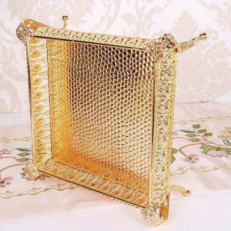 Винтажный роскошный золотой поднос для фруктов, золотая круглая квадратная тарелка для фруктов, многоцелевая металлическая закусочная бижутерия для домашнего стола, тарелка для хранения, столовая одежда