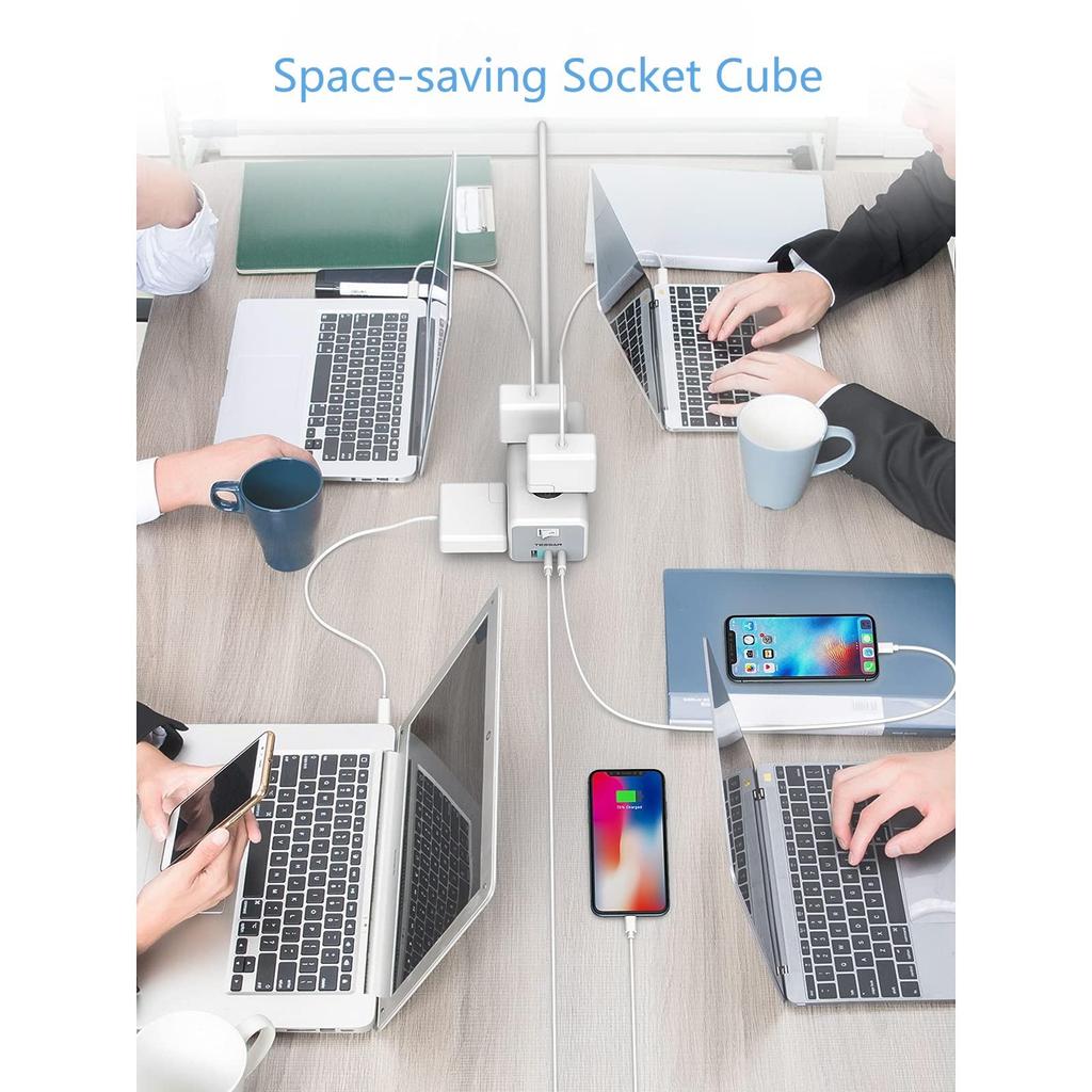 Tessan Power Strip European Multi Plug Cube Socket with Switch 6 Outlets 3 USB Charging Ports 2M Extension Cable for Home