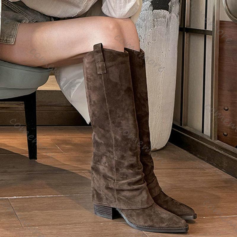 Fashion Comemore Autumn Winter Vintage Woman Knee High Boots Shoes Ladies Elegant Slip On Solid Suede Long Botas Thick Heeled Botas Shoe
