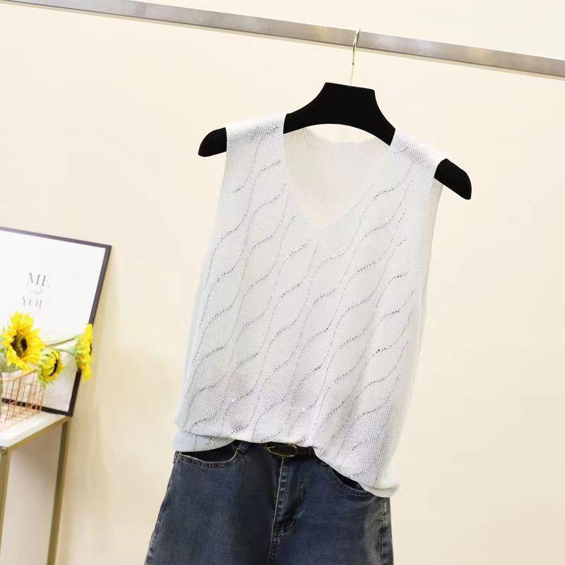 2023 Блестящий шелковый женский жилет без рукавов с V-образным вырезом - Новый стиль весна/лето, свободный крой с вязаным дизайном на бретелях с горячими бриллиантами