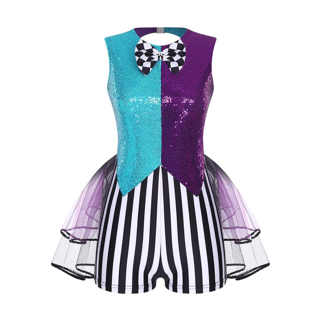 Женский комбинезон Mad Cosplay S-3XL Color Blocking С пайетками Полосатый Пэчворк Клетка Галстук-бабочка Многоярусный Тюлевая отделка Вырез Комбинезон для Хэллоуина