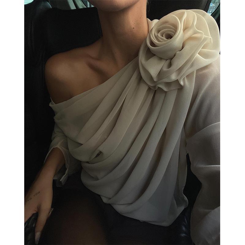 Trendy Chiffon Floral Mesh Off-Shoulder Long-Sleeve Top for Women