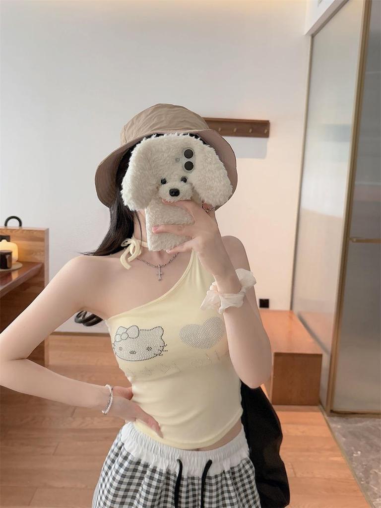 Summer Sweet & Spicy Cartoon One-Shoulder Vest with Chest Pads