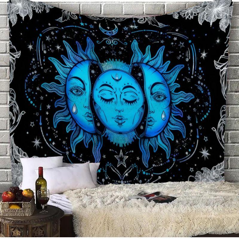 Celestial Sun Moon Face Tapestry, Boho Mystic Wall Hanging, Aesthetic Bedroom Dorm Home Decor
