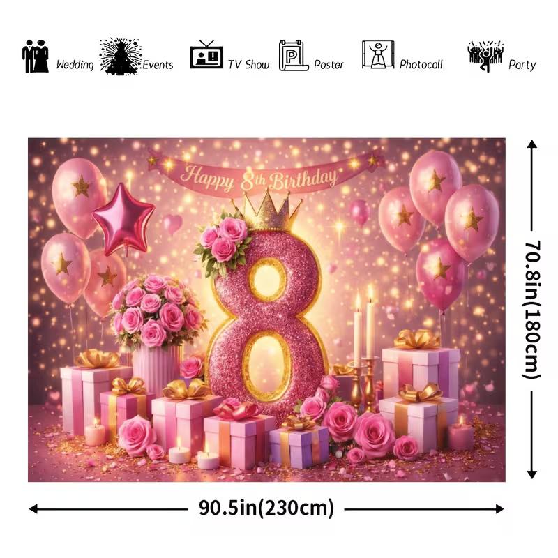 Двумерный розово-золотой фон для 8-го дня рождения, блестящая цифра 8, баннер для фотосъемки
