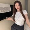 Женская летняя новая модная облегающая тонкая универсальная футболка с круглым вырезом, коротким рукавом и принтом в горошек на плечах