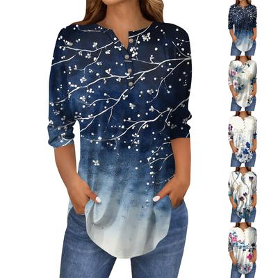 Женская мода свободный воротник на пуговицах с принтом рукав 3/43/4 футболка топы пуловер