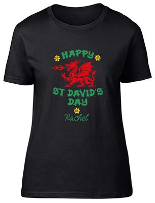 Personalised Happy St David's Day Dragon Daffodil Womens T-Shirt Ladies Gift Tee