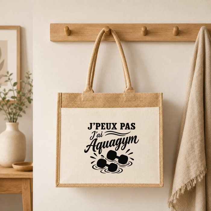 Sac Cabas Jute avec Poche J’peux pas j’ai Aquagym J'peux pas minimaliste | Toile de Jute et Coton 21 L Fond Plat Anses 65 cm