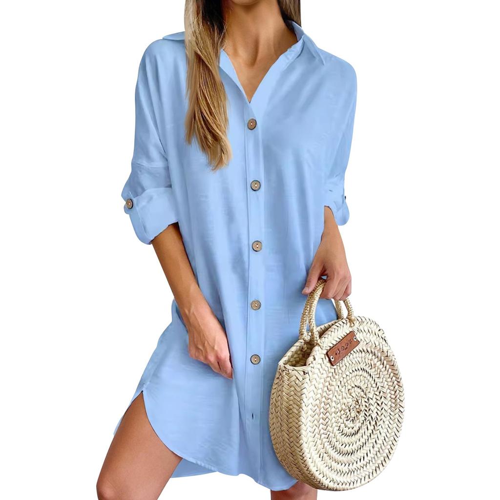 Women's Fashion Long Sleeve Lapel Button Down Shirt Dresses