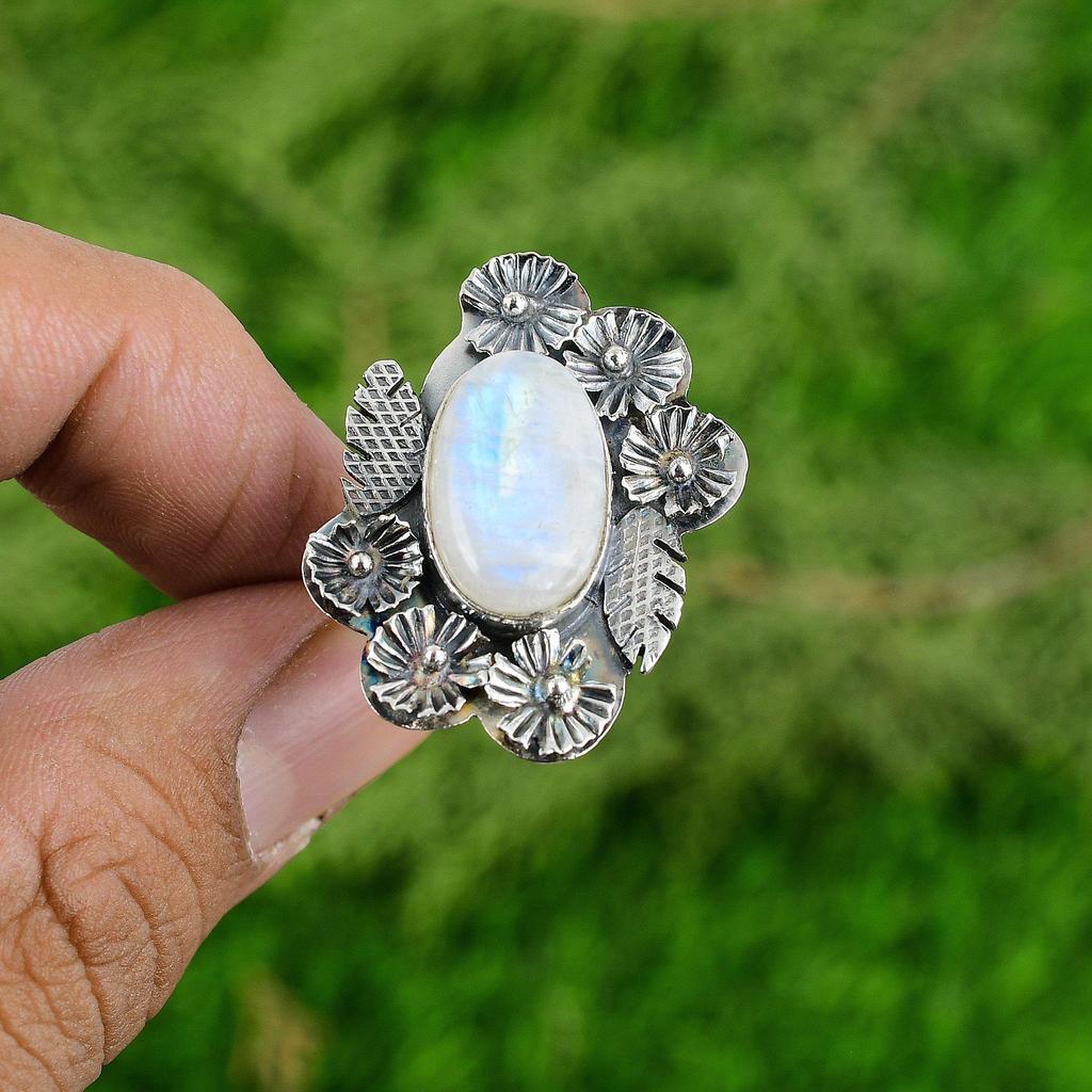 Натуральный Радужный Лунный Камень Заявление Цветок Белое Регулируемое Кольцо 925 Серебро