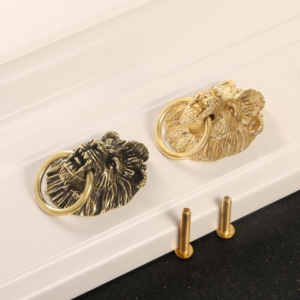 Retro Cabinet Door Knobs Vintage Wardrobe Drawer Pulls Lion Head Knob Brass Handle Furniture