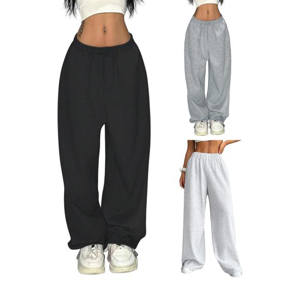 Women Long Pants Hip Hop Style Elastic High Waist Wide Leg Pants Solid Color Loose Fit Casual Trousers Daily Wear