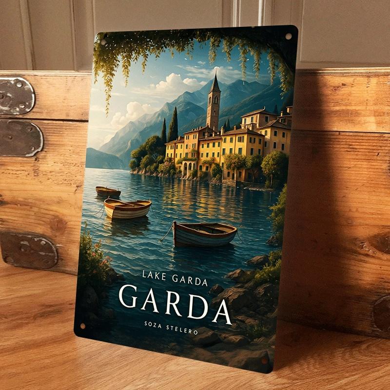 1 piece: Italian Lake Garda landscape wrought iron painting, Mediterranean coast vintage wrought iron wall hanging, suitable for