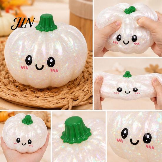 TPR Material Fidget Toy Halloween Pumpkin Squeeze Stress Ball, Soft Golden Glitter Medium Size Ball for Kids Adults, Slow Rising Decompression