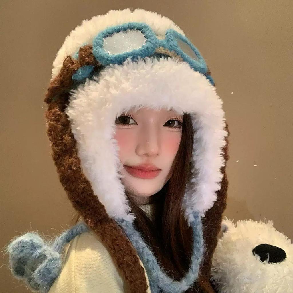 Autumn and winter velvet flying hat warm hat thickened cute glasses flying ear protector Lei Feng hat warm knitted hat