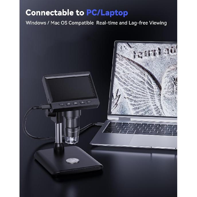 Digital Microscope 4.3" HD LCD Screen, Coin Magnifier 1-1000X Zoom, Stereo Camera with 8 Adjustable LED Lights, PC View, Compatible with MacOS