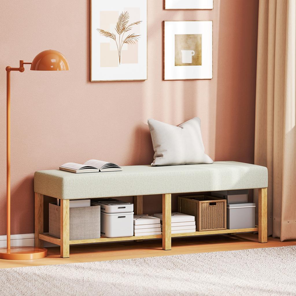140 cm Shoe Bench Made of Solid Wood, Modern Hallway Bench with Upholstered Seat for Two People, Natural Wood and Cream White
