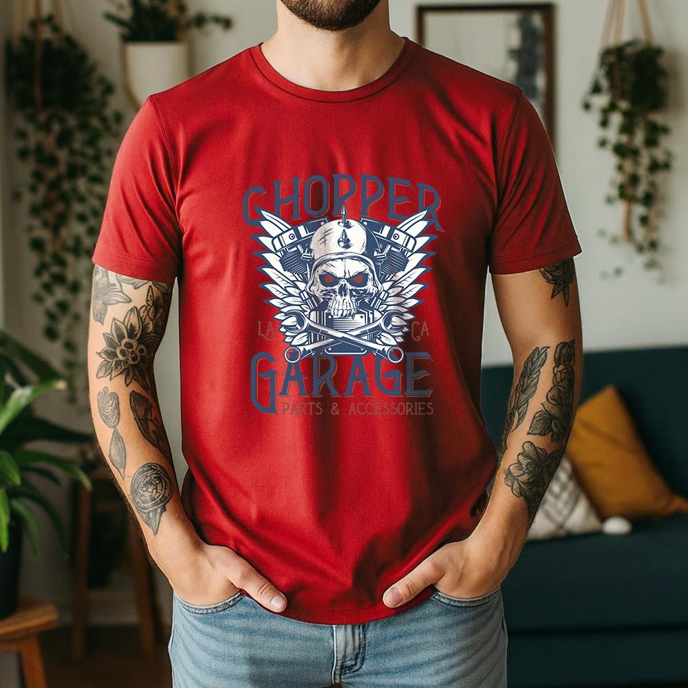 2026 New Summer Unisexs Casual Short Sleeve Cotton Tee Chopper Garage Skull Print Biker Daily Wear Streetwear