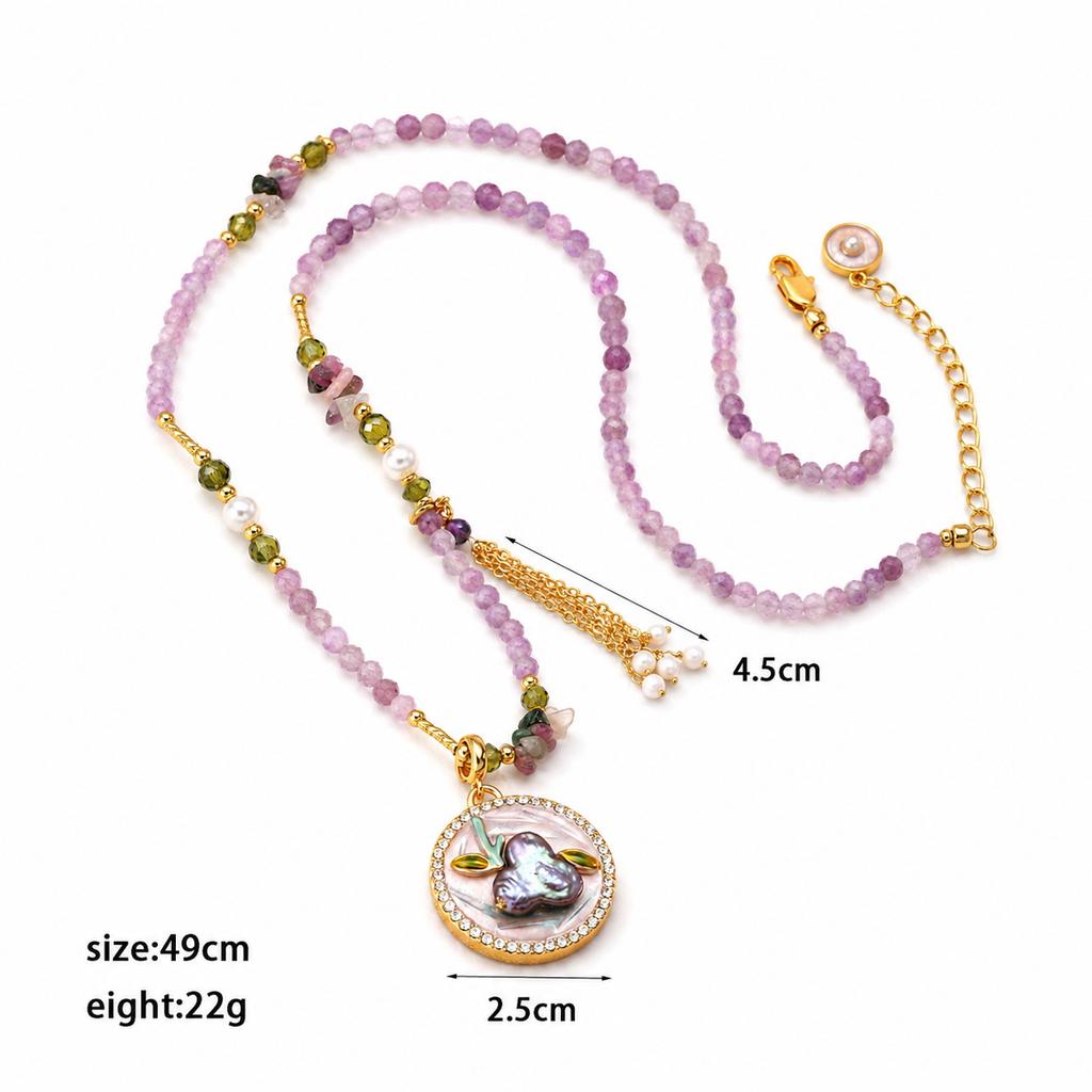 Female Purple Beads Zircon Natural Stone Baroque Pearl Necklace Pendant Low MOQ Bulk in Stock Jewelry for Women Party Daily