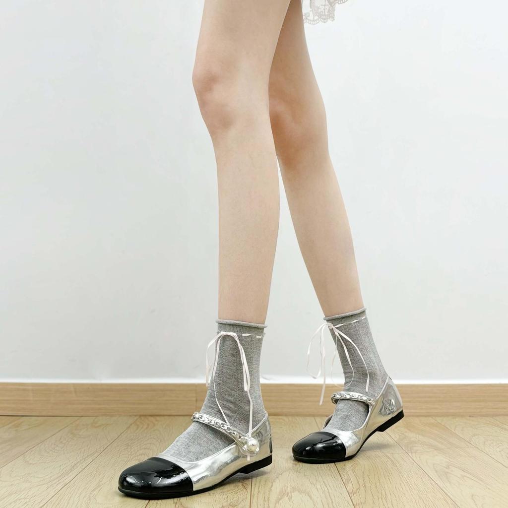 Lolita Lace Frill Mid-Calf Socks with Bow Ribbon - White Ballet Style JK Knee-Highs for Spring & Autumn