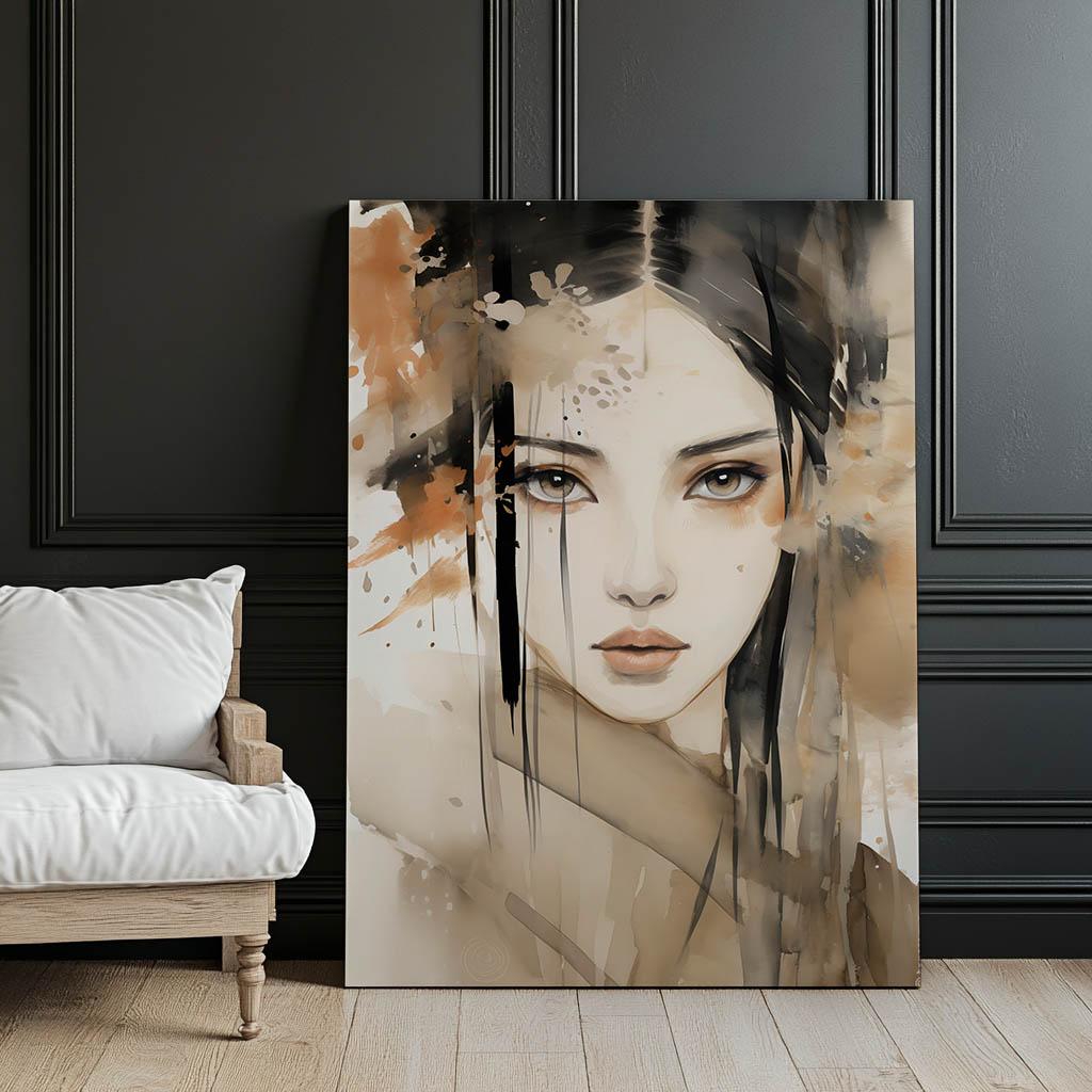 Twarz Pięknej Japonki Twarz Pięknej Japonki, 70X100 Cm, Rama Drewniana Ciemny Brąz, Papier Matowy 230 Gsm