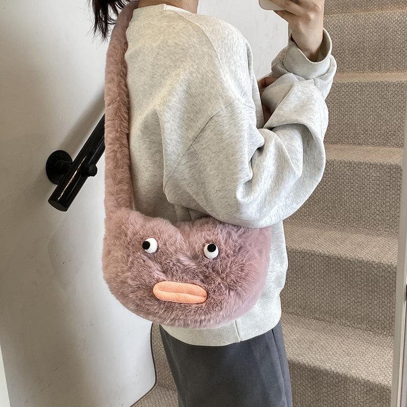 Забавная сумка-сосиска с пушистым ртом, женская мультяшная плюшевая сумка, повседневная сумка через плечо для поездок на работу