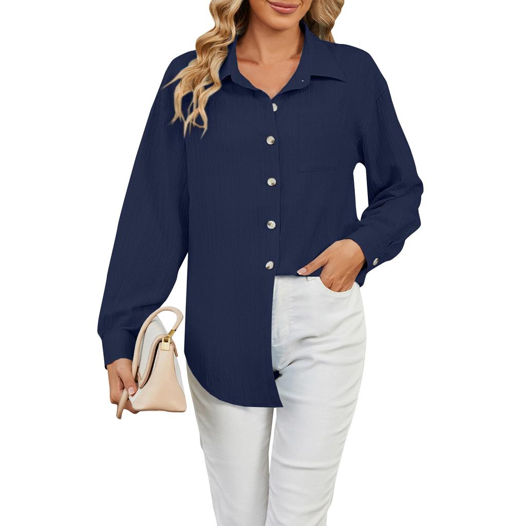 Женские повседневные свободные однотонные рубашки с длинными рукавами и пуговицами с лацканами, топы