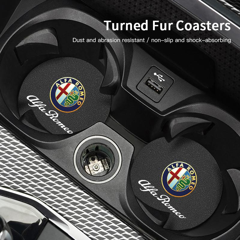 2Pcs Car Coasters Leather Water Cup Holder Mat For Alfa Romeo 4C 159 Spider Car Interior Anti Slip Water Cup Pad Tire Valve Caps wzvc44