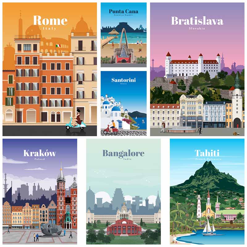 White Paper Cartoon City Landscape Poster Mural London Paris Travel Cities Prints Bedroom Decoration Painting Funny Abstract Wall Art Decor