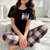 Женский комплект из 2 предметов: топ и брюки, летняя пижама, клетчатые брюки, круглый вырез, короткий рукав, футболка, домашняя одежда, повседневная одежда
