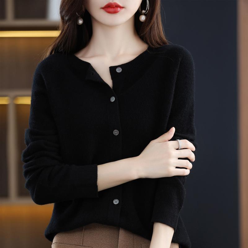 Knitted Cardigan Women's Spring and Autumn Simple Loose Sweater Coat Round-neck Long-sleeved Casual Sweater Cardigan