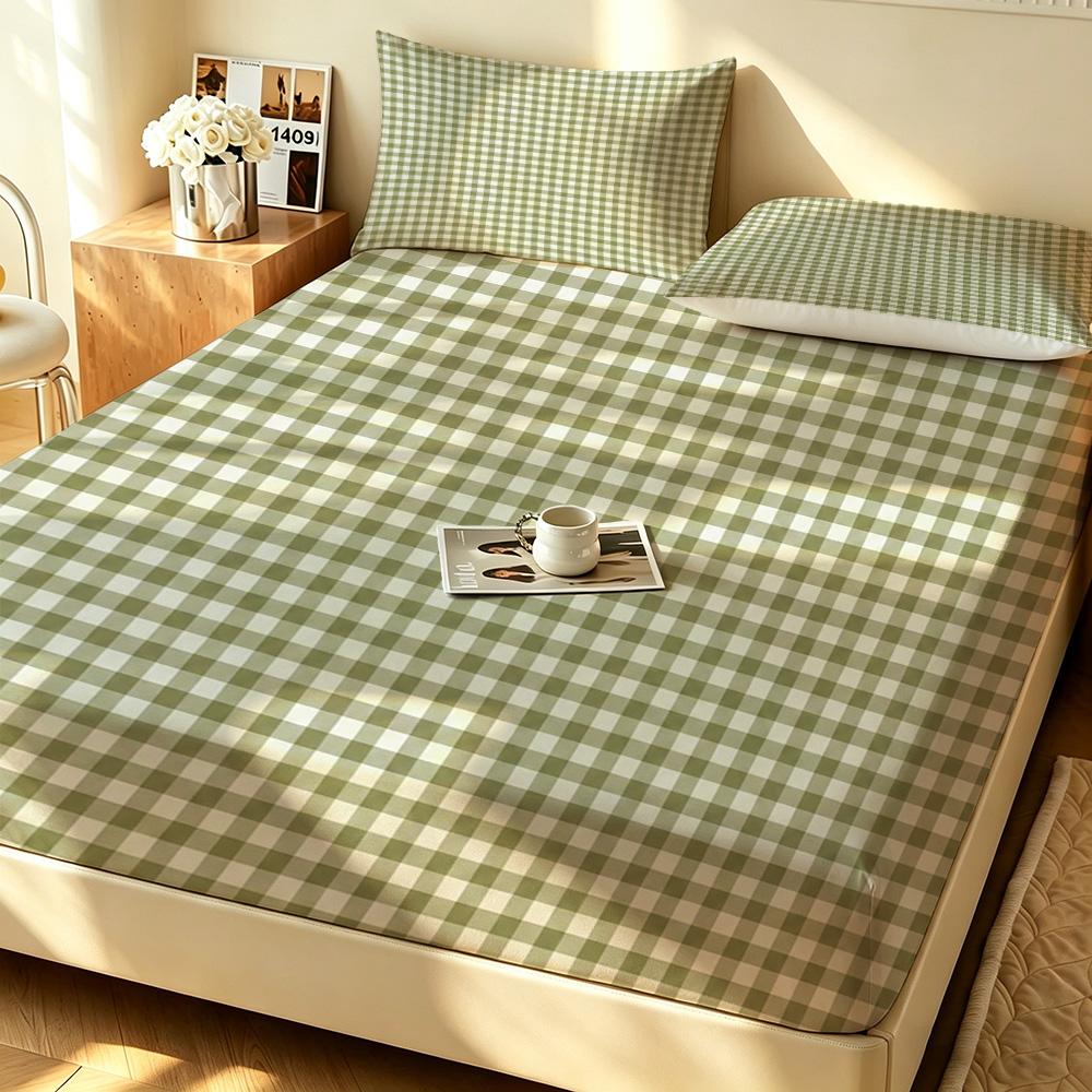 3PCS avocado green small checkered bedding set fitted sheet without a core, soft bedroom bedding decoration