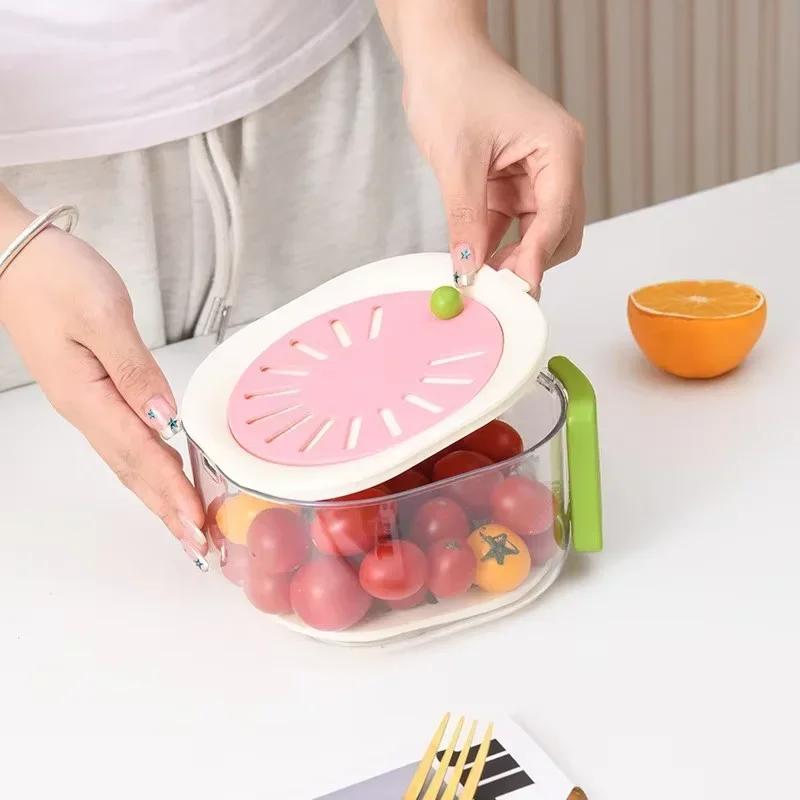 Fruit Drainer Basket -Hidden Folding Handle Drain Switch Expandable 2-In-1 Dust-Proof Thickened Dewatering Dishwashing Basket