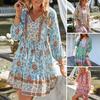 Женское платье в стиле бохо с цветочным принтом, повседневное, с длинным рукавом, струящееся, короткое, свободное, с V-образным вырезом, на пуговицах, платье А-силуэта, мини-пляжное платье-сарафан