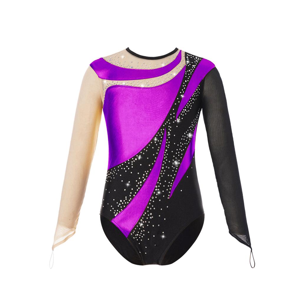 Kids Girls Shiny Gymnastic Leotard Bodysuit Mesh Long Sleeve Keyhole Back Metallic Ice Skating Jumpsuit