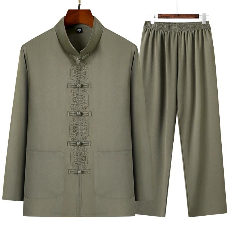 Men's Spring and Autumn Long-sleeved Tang Suit Middle-aged and Elderly Men's Jacket Dad Suit Grandpa Spring Jacket + Elastic Waist Pants Suit