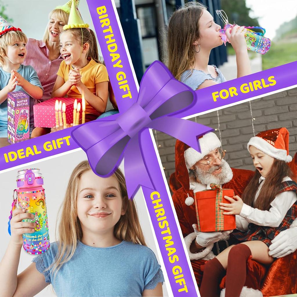 Creative DIY Gemstone Sticker Water Bottle for Kids, 600ml Rainbow Unicorn, Reusable Student Thermos, Holiday Gift for Boys & Girls Ages 4-10