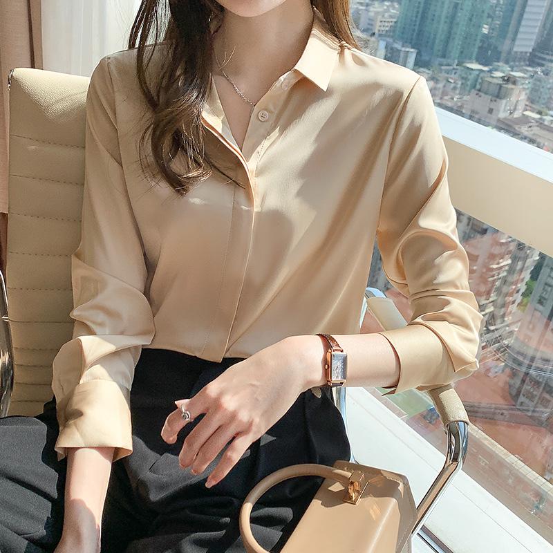 Women's Ash Blue Satin Long Sleeve Shirt - Retro Hong Kong Style, Spring Commute, Concealed Placket, Versatile Drapey Blouse