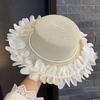 Elegant lace straw hat women's summer outdoor wide brim sunscreen sunshade vacation sun hat new pearl top hat