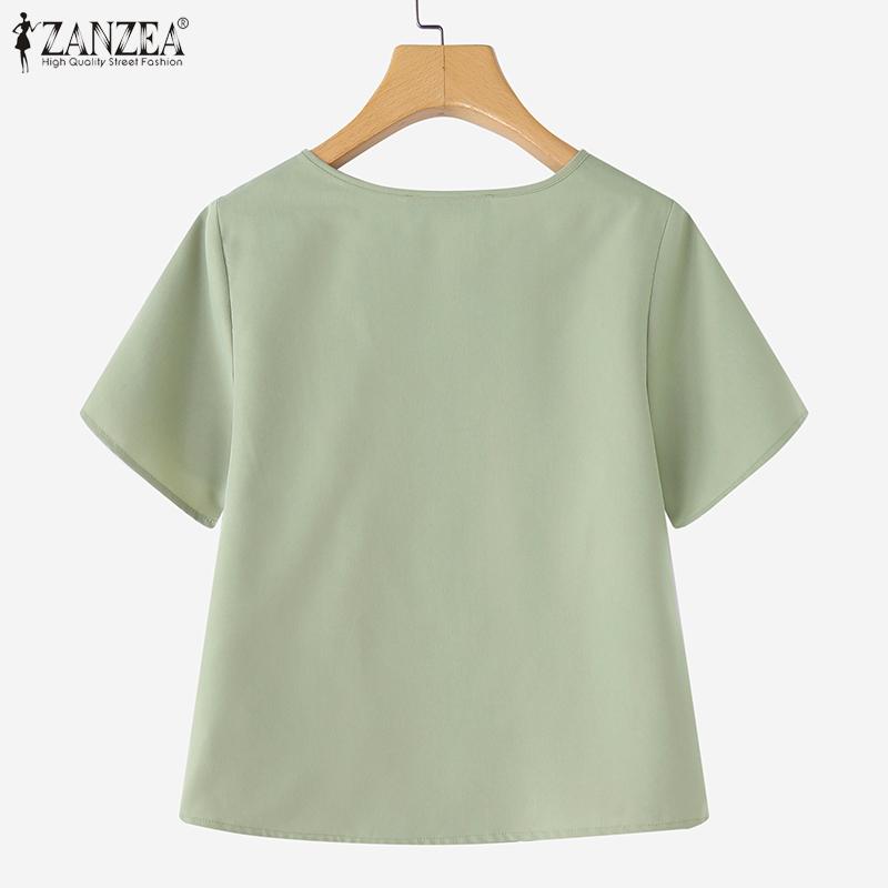 ZANZEA Женская повседневная футболка с круглым вырезом, однотонная, с короткими рукавами