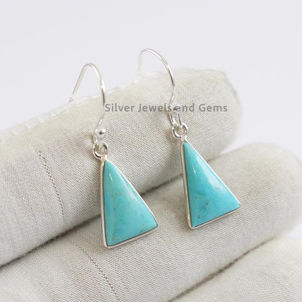 Natural Turquoise Earrings, Bezel Earrings, 925 Sterling Silver Triangle Earrings, Gift for Sister, Light Weight Earring
