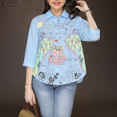 Женская блузка свободного кроя с отложным воротником и рукавами 3/4 с принтом