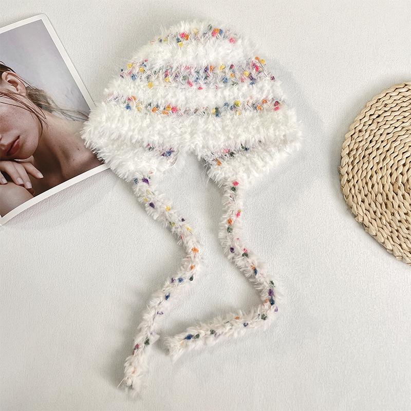 Color Matching Plush Hat for Women, Thickened In Autumn and Winter, Warm and Cold-proof, Small-faced Outdoor Knitted Headgear
