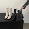 2025 New Spring and Autumn Square Head Thick Heel Temperament French High Heel Elastic Thin Boots British Style Pleated Stacking Boots Women